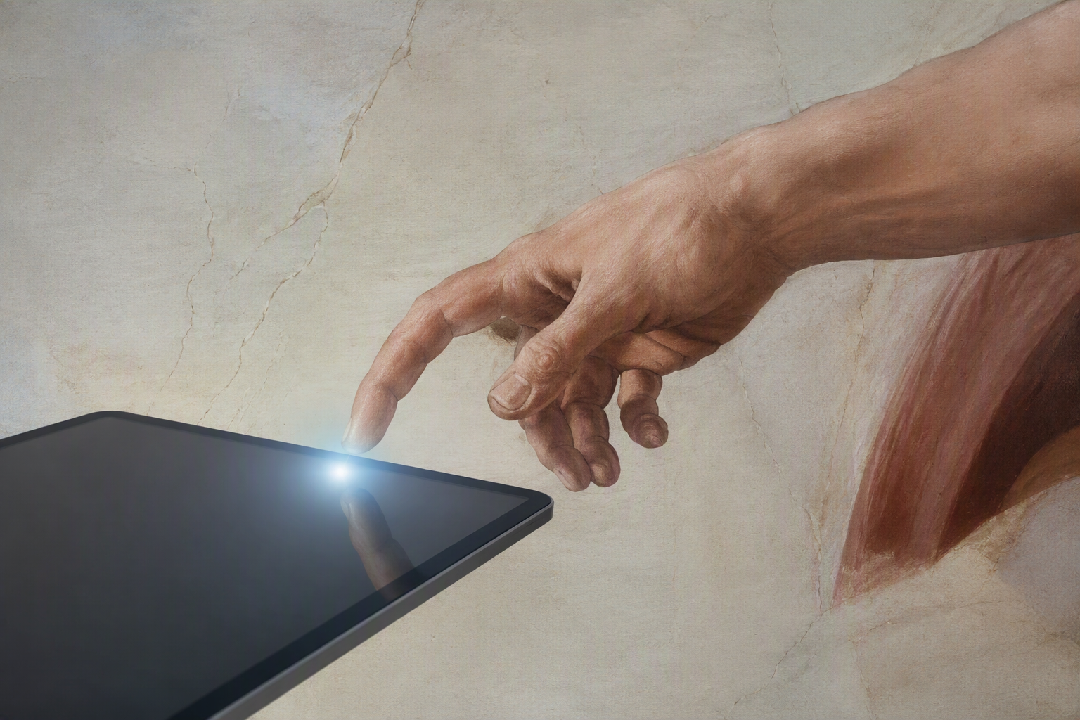A finger tapping a tablet screen