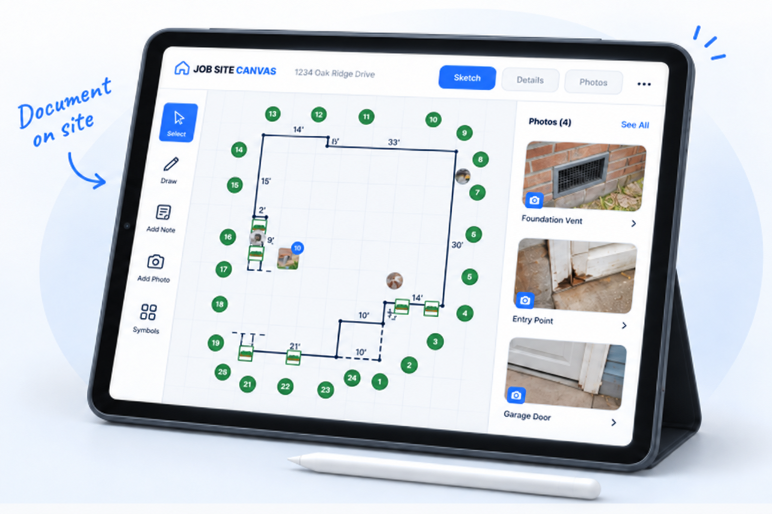 Job Site Canvas shown on laptop and phone in front of a customer's home