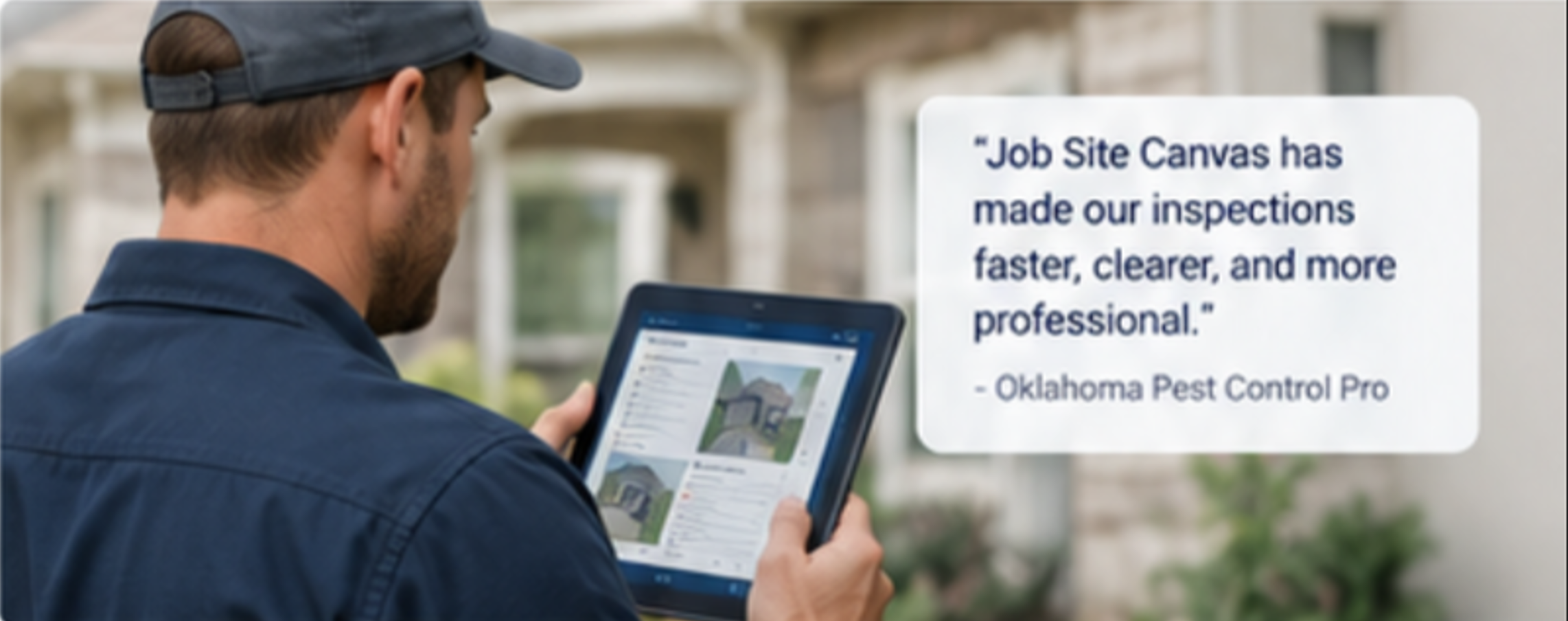 Technician using Job Site Canvas on a tablet at a customer's home, with a testimonial quote: Job Site Canvas has made our inspections faster, clearer, and more professional." (Oklahoma Pest Control Pro)